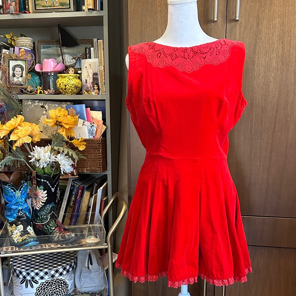 Handmade Vintage Red Velvet & Lace Mini Dress